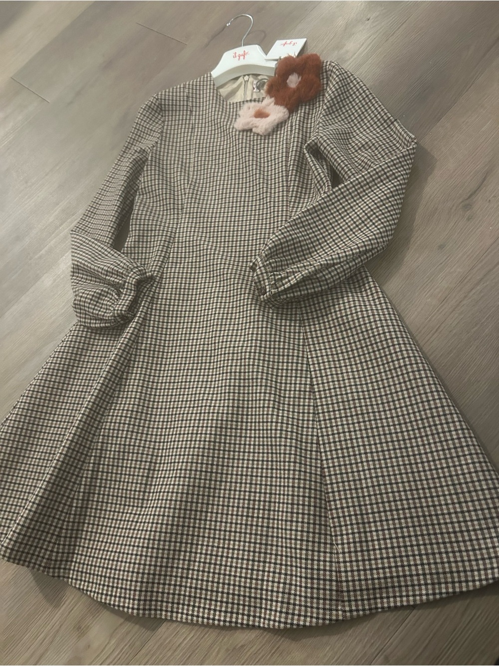 Il Gufo Brown and Cream Houndstooth A-Line Girls' Dress